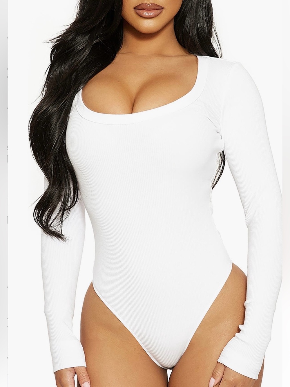 Naked wardrobe White Ribbed Scoop Neck Long Sleeve Bodysuit